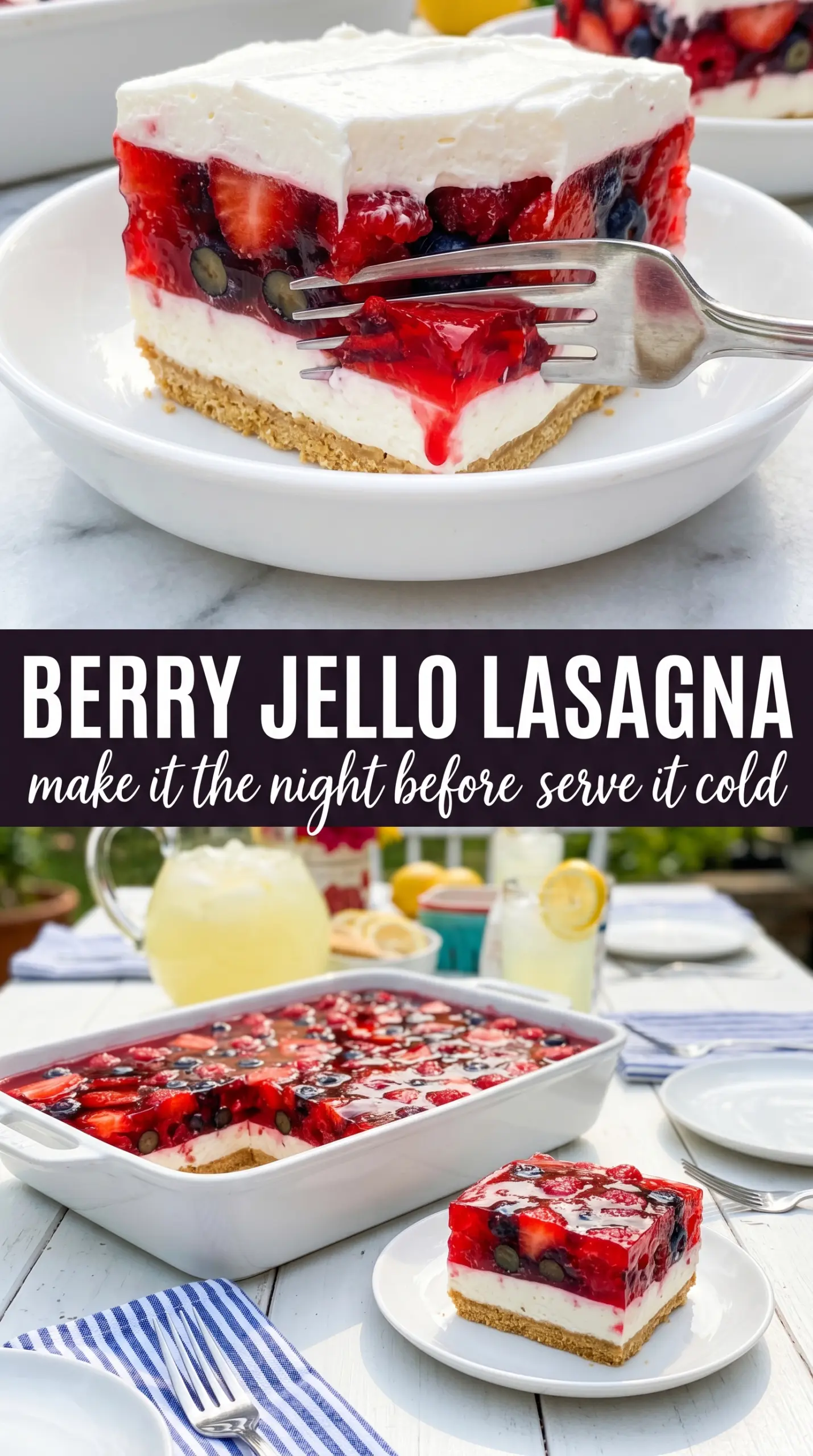 Summer Berry Jello Lasagna with strawberry blueberry layers