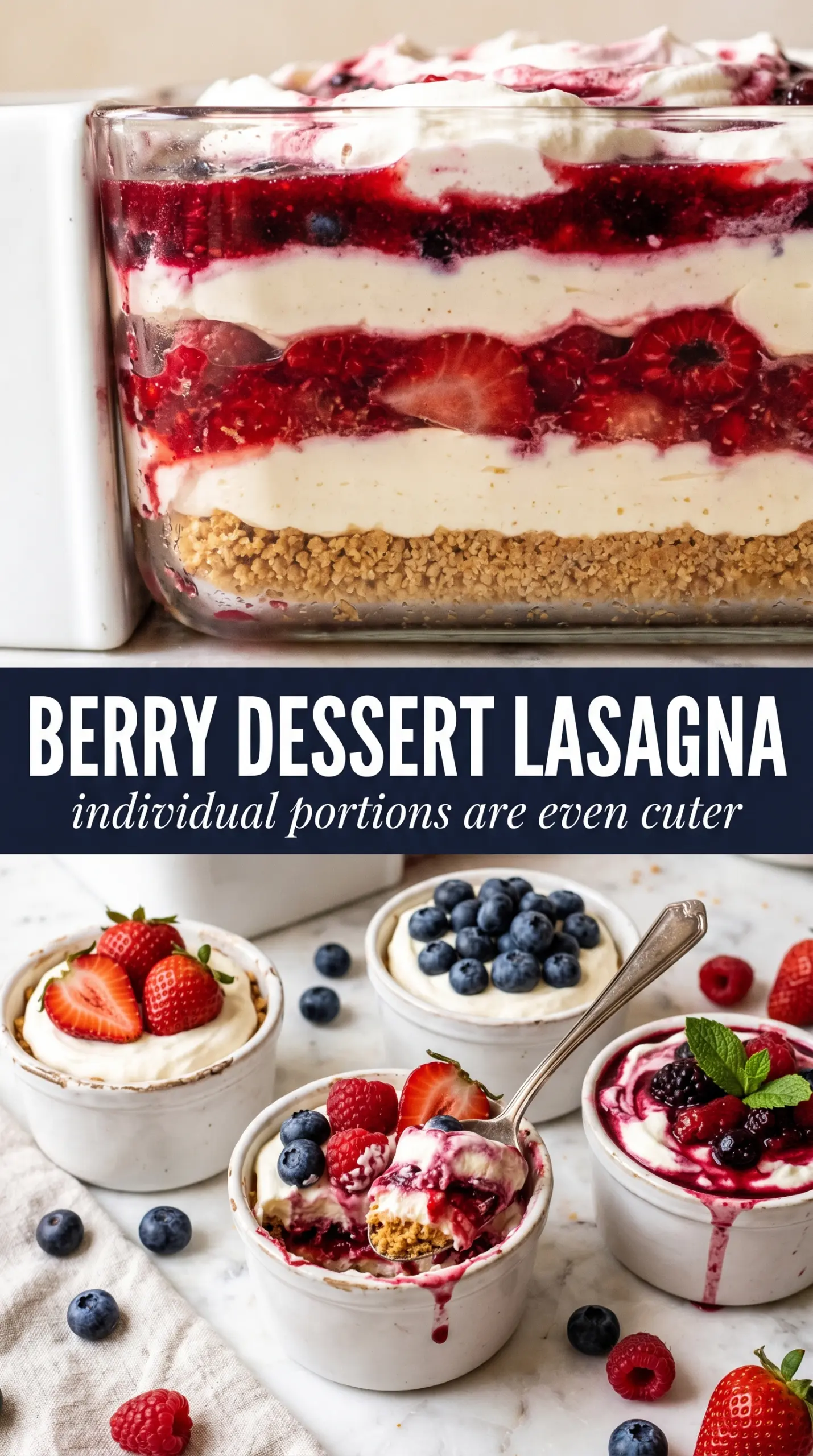 Very Berry Dessert Lasagna with golden crust, creamy layers, berries