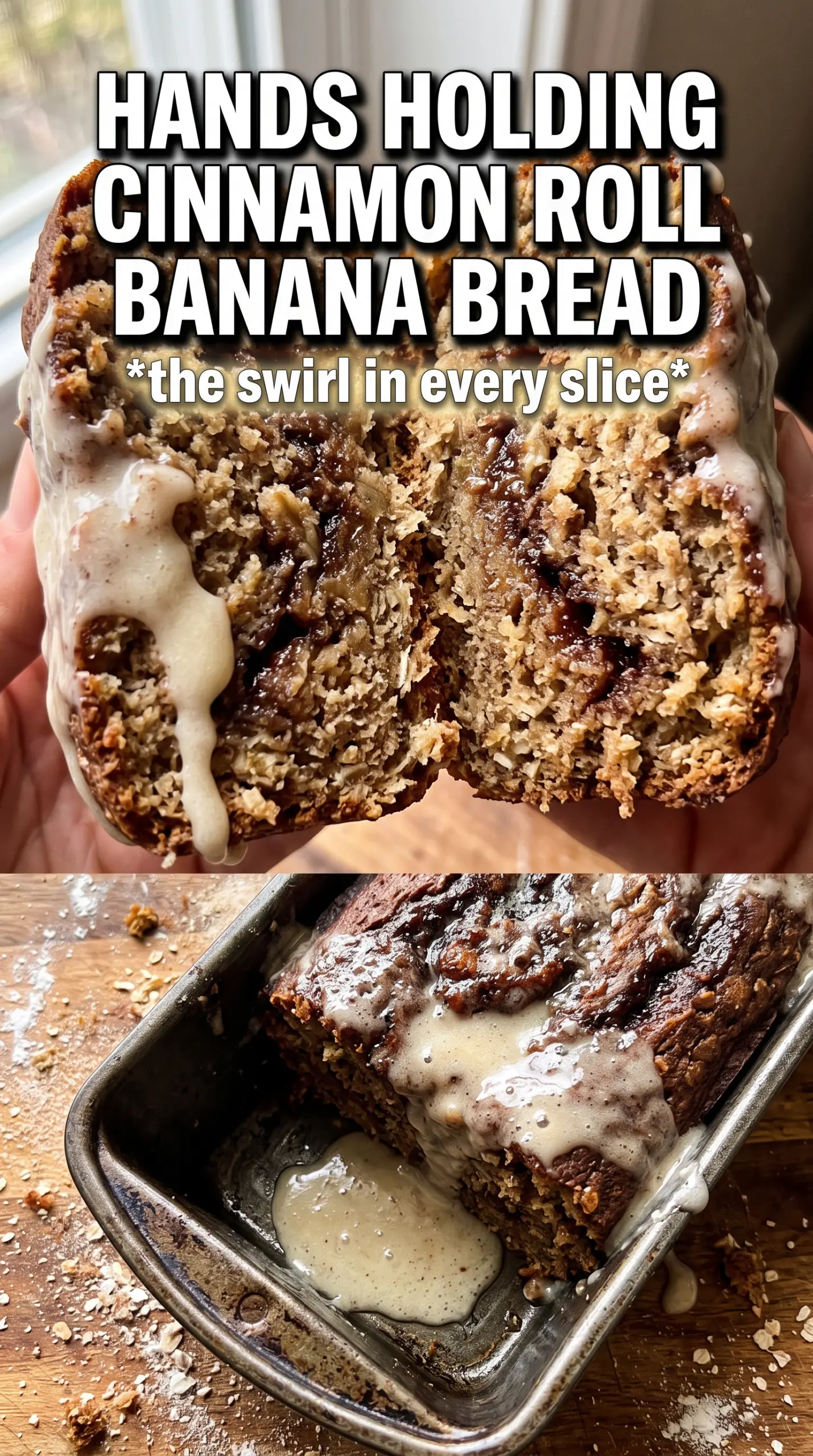 Cinnamon Roll Banana Bread with cinnamon swirl, cream cheese glaze