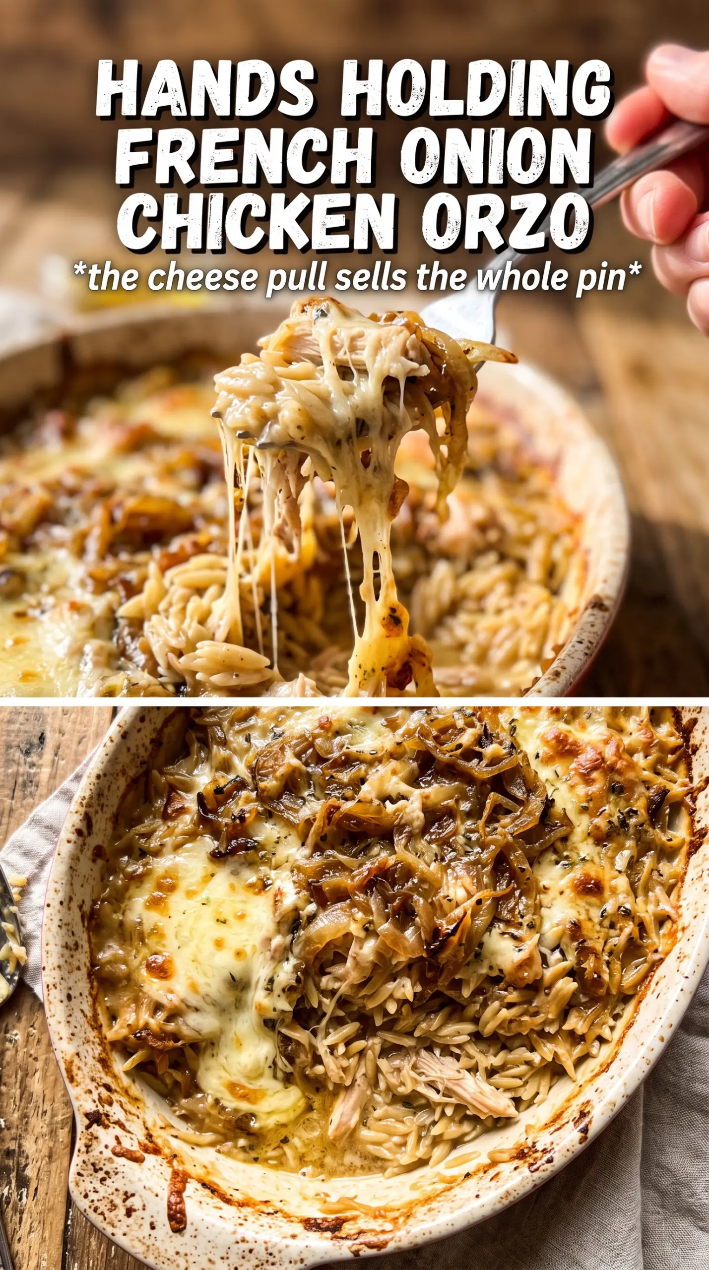 French Onion Chicken Orzo Casserole golden Gruyere caramelized onions