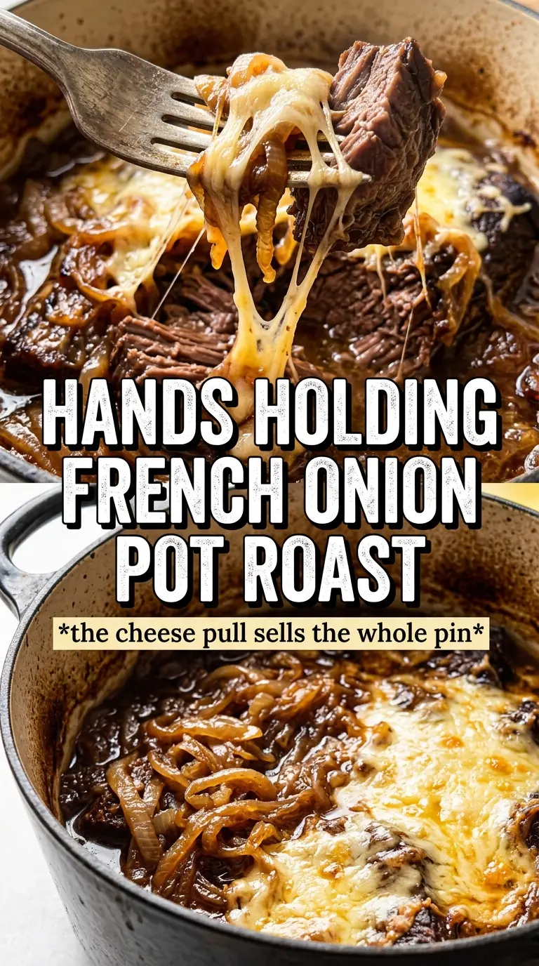French Onion Pot Roast, caramelized, cheesy