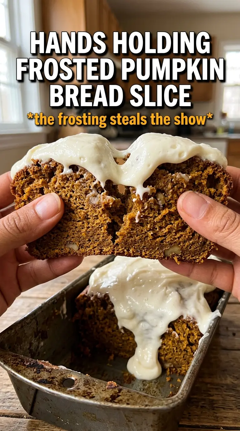 Pumpkin bread with cream cheese frosting, spiced loaf, creamy topping