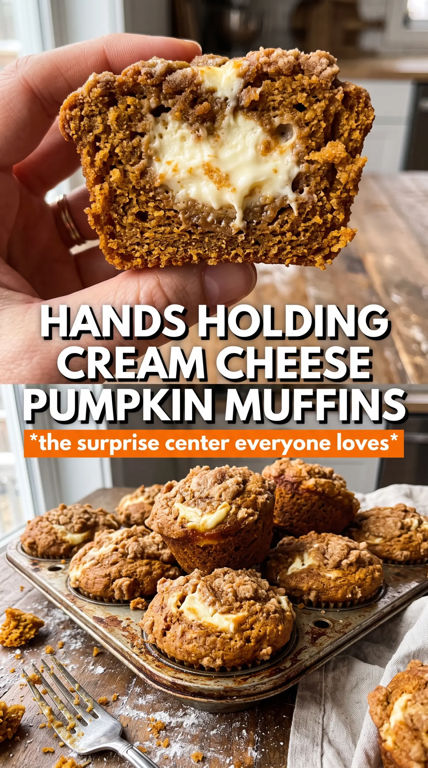 Pumpkin Cream Cheese Muffins, creamy center, streusel topping