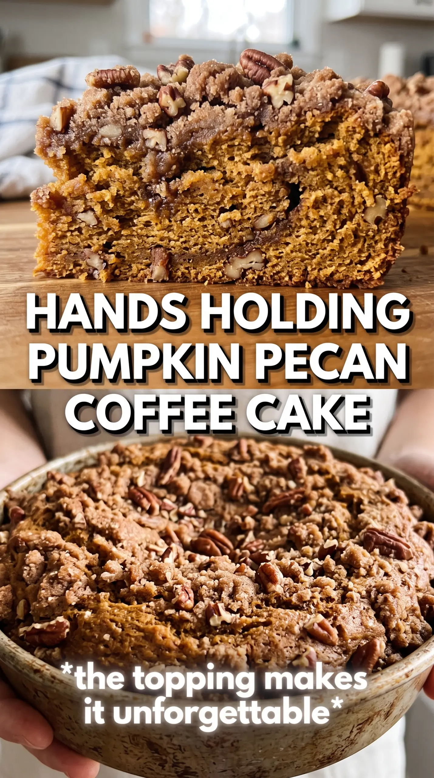 Pumpkin Pecan Coffee Cake with pecan streusel, moist crumb, golden topping